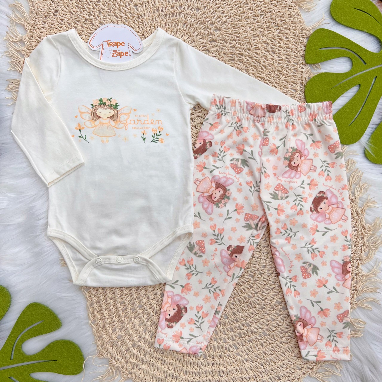 Conj. Body Manga Longa My Little Garden e Calça Legging - Off White e Salmão